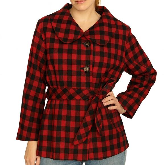 Pendleton Y2K Wool Jacket Sz 10 Red Black Buffalo Plaid Belted USA Lined Vtg - Picture 1 of 12
